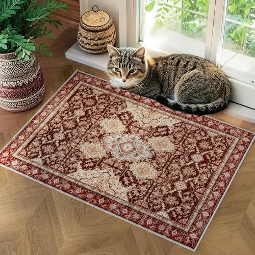 AMTOVO 2x3 Washable Entryway Area Rug Door Mat, Vintage Boho Distressed Print Pattern Non-Slip Carpet, Small Throw Rug for Indoor Entrance Kitchen Bedroom Bathroom Laundry Floor, Vintage Red - color: Vintage Red, size: 2' x 3' (Rectangular)