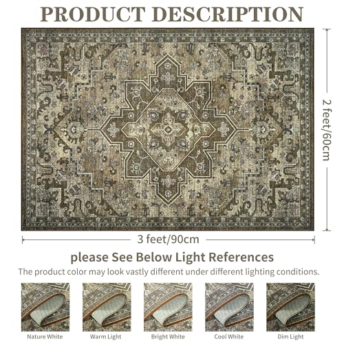 Foxmas Small Rugs for Entryway，2x3 Machine Washable Doormat Indoor Entrance Vintage Rug, Non-Slip Low Pile Throw Rugs for Entryway Bedroom Kitchen Living Room, Brown - color: Brown, size: 2' X 3' (Rectangular)