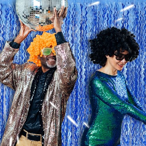 Blue Tinsel Foil Fringe Curtains Wavy Backdrop for Parties Sparkle Metallic Wavy Foil Fringe Backdrop Curtain for Party Decorations Photo Booth Props Birthday Graduation Wedding - color: Dark Blue, size: 5 Pack