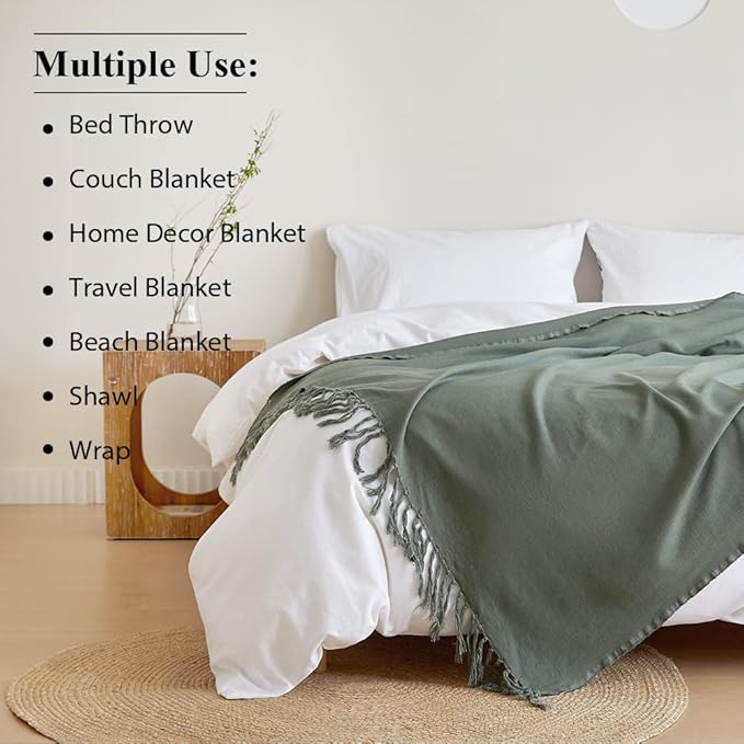 Simple&Opulence Boho Linen Throw Blanket for Bed, Couch, 50”x70” Pre-Washed Fringed Vintage Decorative Woven Blanket with Tassels, Breathable Durable Cozy Farmhouse Decor for All Seasons(Olive Green)