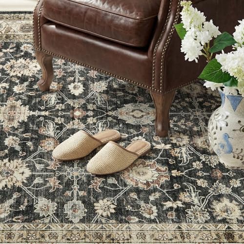 jinchan 2x3 Washable Vintage Floral Rug, Distressed Traditional Entryway Rug, Soft Low-Pile Non-Slip Accent Mat for Indoor Foyer, High-Traffic Kitchen Sink Laundry Room, Black - color: Oriental Taupe on Black, size: 2' x 3' (Rectangular)
