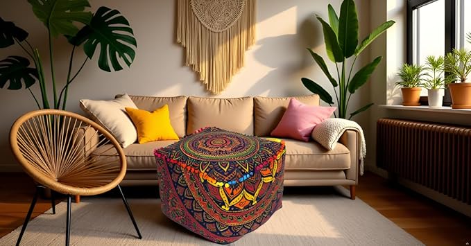 CRAFT KALA Square Mandala Floor Pillow Cushion Cover Seating Throw Cover Hippie Decorative Bohemian Ottoman Poufs Cover Pom Pillow Cases Cotton Living Room Home Décor 22X22X14 inches, New Blue Ombre
