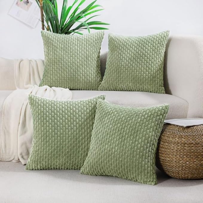 VAKADO Couch Sage Green Decorative Throw Pillow Covers 16x16 Set of 4 Spring Boho Corduroy Neutral Home Living Room Farmhouse Rustic Cushion Case Decor Square for Bed Sofa