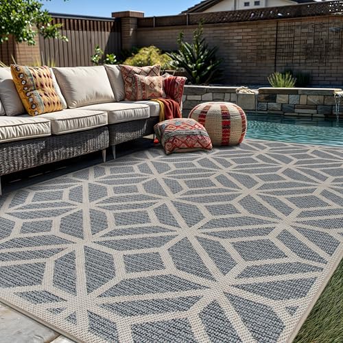 Rugshop Blue Contemporary Geometric Indoor/Outdoor Area Rug — Hose Washable for Living Room, Dining Room and Office, 7'10" x 10' - size: 7'10" x 10' (Rectangular)