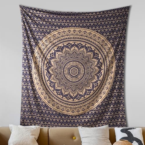 THE ART BOX Blue Gold Ombre Tapestry Wall Hanging Mandala – Bohemian Room Decor – Cotton Throw Tapestry – Boho Bedding Queen Bedspread 55x82 Inches - color: Gold and Blue, size: 55"L x 82"W