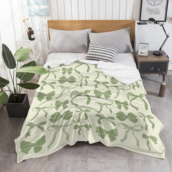 Sage Green Bows Blankets - Preppy Coquette Room Decor Electric Blanket - Girls Bedroom Decor - Trendy Funky Bow Throw Blanket - 70"x80