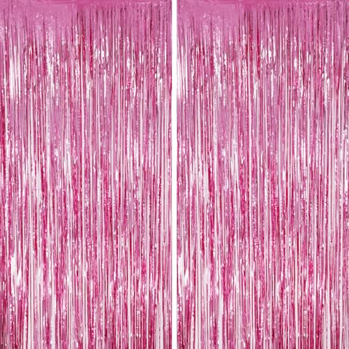 DECOCKRAT 2 Pack Foil Fringe Backdrop - Pink Shiny Tinsel Curtains for Party Decoration/Photo Booth Props - 3.3x6.6 FT Metallic Foil Backdrop for Birthday, Wedding, Graduation, Christmas. - color: Pink