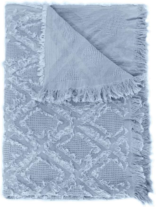 Simple&Opulence Cotton Throw Blanket for Bed, Couch, Boho Textured Geometric Knit Woven Blanket with Tassels Soft, Lightweight Breathable Shabby Chic Farmhouse Decoration for All-Season(Dusty Blue)