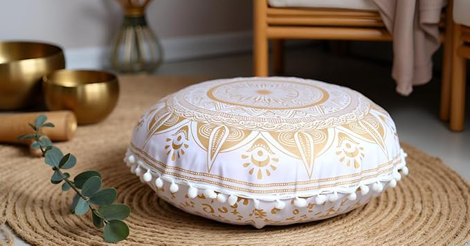Round Mandala Floor Pillow Cover Seating Cushion Throw Cover Hippie Decorative Bohemian Ottoman Pouf Cover, Pom Pom Pillow Cases,Boho Indian 22 Inches (Gold trishol)