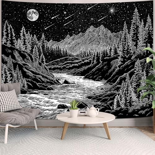 Zussun Black and White Forest Mountain Tapestry for Bedroom Aesthetic Dark Nature Pine Trees Stream Tapestries Wall Hanging Moon and Stars Wall Tapestry for Living Room Dorm 48 × 36 Inch - color: Black Stream, size: 48"L x 36"W