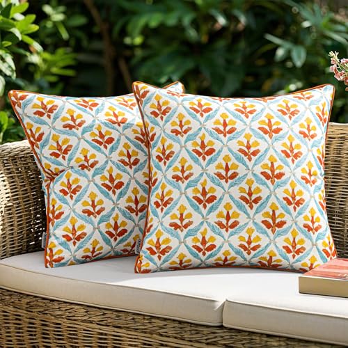 MIULEE Pack of 2 Decorative Outdoor Waterproof Throw Pillow Covers Flower Print Chic Boho Accent Pillow Covers for Square Garden Patio Cushion 18x18 Inch, Orange Teal Red - color: Orange Teal Red, size: 18" x 18" (Pack of 2)