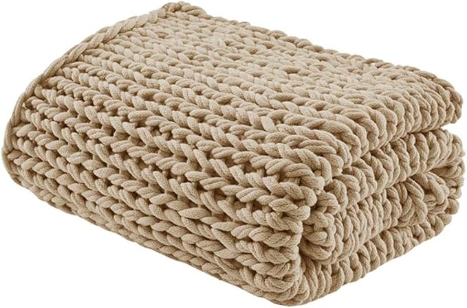 Madison Park Boho Throw Blanket, Soft Blanket Handmade Gift Home Decor, Lightweight & Breathable All Seasons Spring Chunky Knit Blanket, Knitted Throw for Couch, Bed Blanket, 50"x60" Tan