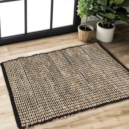 Chardin home 2x3 Jute Cotton Hand Woven Rug | Braided Doormat, Boho, Rustic, Natural Jute/Black | Farmhouse Vintage Area Rugs for Bedroom, Living Room, Kitchen, and entryways - color: Natural Jute-black, size: 2' x 3' (Rectangular)