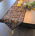 DaDa Bedding Bohemian Tapestry Table Runner - Greek Ethnic Ornament Geometric Calligraphy Black Textile - Multi-Colorful Dark Cotton Linen Woven Kitchen Dining Mats - Oversized 13" x 120" - size: 13" x 120"