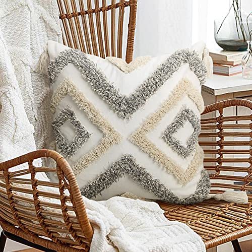 Merrycolor White Grey Boho Pillow Covers 18x18 with Tassels Tufted Decorative Gray Throw Pillows Neutral Modern Accent Pillowcase Farmhouse Square Cushion Covers for Couch Sofa Bedroom Living Room - color: Grey and White 1, size: 18" x 18" (Pack of 1)