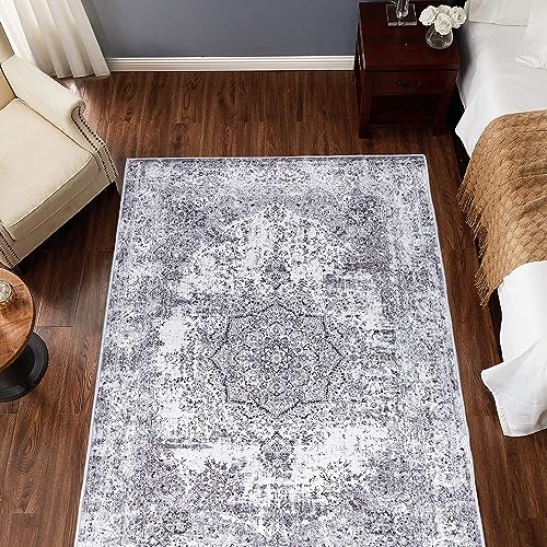 jinchan Area Rug 3x5 Washable Doormat Vintage Distressed Rug Door Mat Indoor Entrance Thin Traditional Gray Floral Lightweight Non Slip Carpet for Kitchen Bedroom Living Room Grey - color: Vintage Grey, size: 3' x 5' (Rectangular)