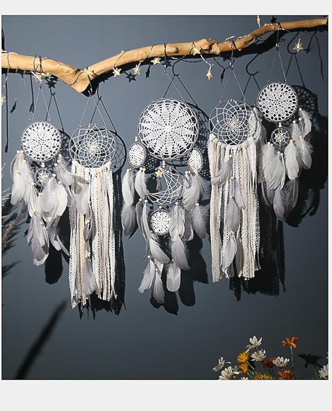 5 Pack Moon Phase Dreamcatcher Set Boho Wall Decor, Boho Macrame Wall Hanging Dream Catchers, for Home, Bedroom, Living Room, Witchy Gifts (White)