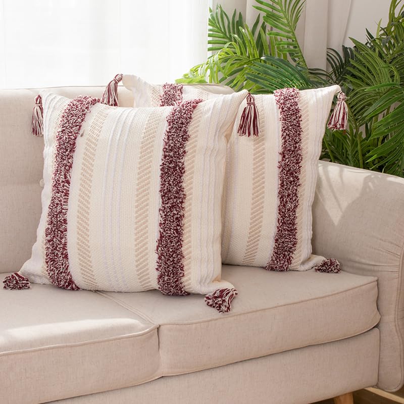 Set of 2 Boho Woven Decorative Throw Pillow Cover with Tassels 20"x20" Burgundy - color: Burgundy, size: 20" x 20" (Pack of 2)