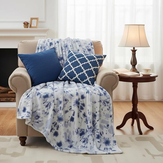 Serafina Home Bohemian Fleece Throw Blanket: Boho Velvety Soft Tie Dye Design, Purple Blue White, 50" x 70" (Tie Dye)
