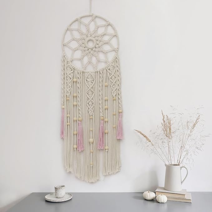 LB Boho Pink Macrame Wall Hanging Flower Dream Catcher Handmade Woven Cotton Tapestry with Wood beads Modern Aesthetic Wall Art Decor for Home, Bedroom, Living Room