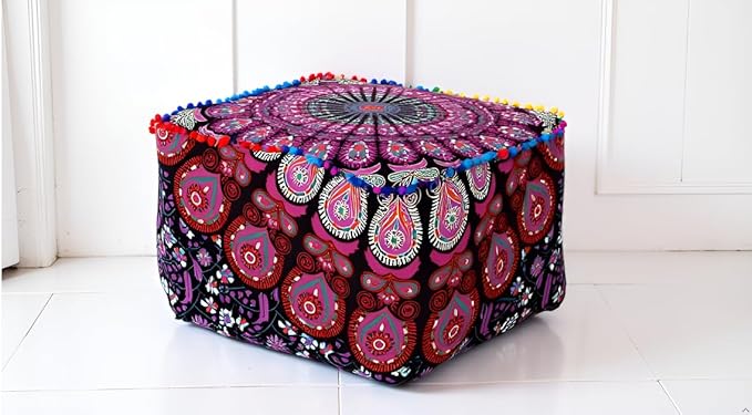 CRAFT KALA Indian Square Patchwork Traditional Pouf Cover Indian Living Room Poufs Cover Decorative Designer Ottoman Home Living Footstool Chair Cover Ottoman Decor 16X16X14 inches, Pink Mirchi