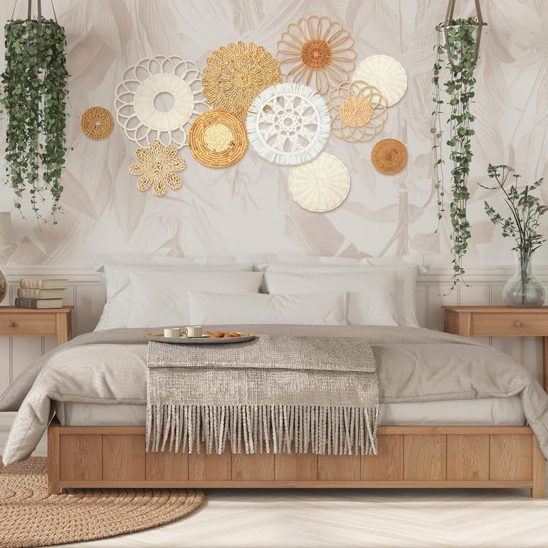 Tatuo 11 Pcs Boho Wall Basket Decor Bulrush Woven Wall Hanging Art Round Farmhouse Rustic Handmade Wicker for Summer Home, Bedroom, Living Room, Kitchen Decorations, Multi Sizes(Novel) - style: Novel