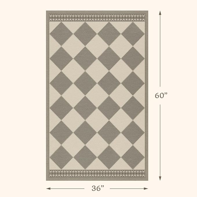 Gray and Cream Checkered Easy Jute 3x5 Outside Area Rug Outdoor Porch Decor, Entryway Rugs Indoor Diamond Geometric Pattern Mat, Patio, Backyard or Entry, Boho Farmhouse Style Washable Non Skid Mat
