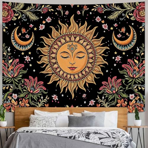 Kanuyee Bohemian Sun and Moon Tapestry, Floral Celestial Wall Tapestry, Mystical Sun Face Tapestries for Room Decor, Artistic Tapestry 80"x60" - color: Orange Pink, size: 80"L x 60"W