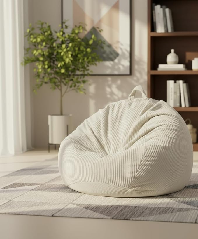 Stuffed Animal Storage Bean Bag Chair Cover (No Filler), Large Toy Storage Organizer & Comfy Kids Sofa Chair for Playroom, Teens Adults Toddler,Corduroy (White, Cover Only)