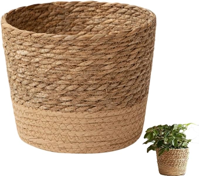 Woven Flower Pot Basket, Seagrass Storage Organizer Planter, Rustic Decorative Plant Containers Cover Laundry Bin for Porch Living Room Entryway (Khaki, 7.9Inch)