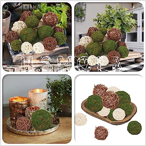 USMOLA 18Pcs Decorative Balls for Centerpiece Bowl - 6Pcs Fake Moss Balls + 12Pcs Rattan Wicker Balls, Artificial Moss Decorative Balls Vase Fillers for Home Garden Wedding Party Decor (Rustic)