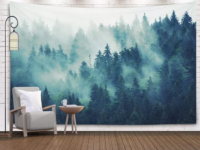 EMMTEEY Misty Forest Tapestry Nature Scenic Mountain Tapestry Green Tree Landscape Foggy Fir Pine Forest 50X60 Inches Tapestries for Living Room Bedroom Inhouse