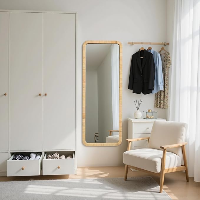 20x55 Inch Long Rattan Mirror Rattan Full Length Mirror Rectangle Wooden Framed Full Body Mirror Floor Mirror Lean Against Wall Farmhouse Wicker Mirror for Bathroom Entryway Living Room Bedroom