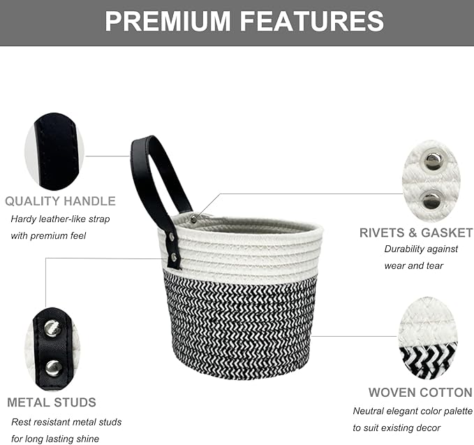 Cotton Rope Hanging Baskets for Organizing 2 Pcs Round Small Wall Basket with Handles Woven Organizer Storage Basket for Kitchen Bedroom Living Room Office(6”x6”, Black & White)