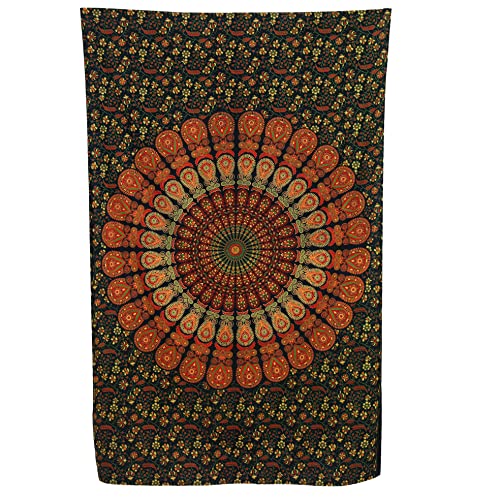 Bless International Handmade Indian hippie Bohemian Psychedelic Peacock Mandala Wall hanging College Dorm Beach Throws Table Cloth Bedding Tapestry (Golden Green, Medium(54x60Inches)(137x152cms)) - color: Golden Green, size: 60"L x 54"W