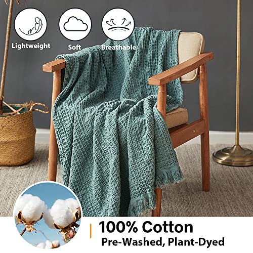 Simple&Opulence 100% Cotton Throw Blanket for Couch, Bed, Waffle Weave Cable Knit Blanket with Tassels, Soft Lightweight Pre-Washed Breathable Cozy Blanket Farmhouse Decoration for All-Season (Green) - color: Dark Green