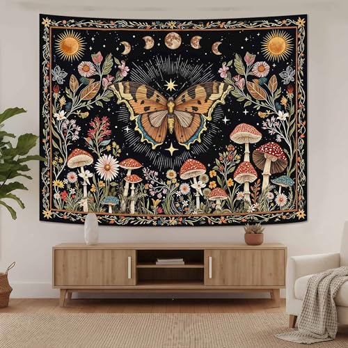 Accnicc Boho Butterfly Tapestry Mushroom Sun and Moon Hippie Wall Tapestry for Bedroom Aesthetic Vintage Floral Plant Small Tapestries Wall Hanging for Dorm Living Room Decor 60 x 44 Inch - color: Brown Black, size: 60"L x 44"W