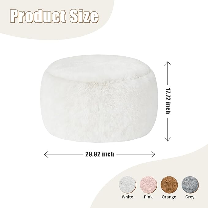 Round Pouf Ottoman Foot Rest, 29 X 18Inch Floor Poufs Footstool, A Round Modern Foam Filled Foot Stool for Living Room, Home, Nursery, Dorm (White, 29Inch)