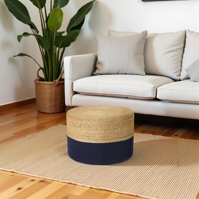 · REDEARTH · Cylindrical Pouf Foot Stool Ottoman - Jute Braided Pouffe Poof Accent Sitting Footrest for Living Room, Bedroom, Nursery, Patio, Lounge & Other Rooms (Navy Natural, 18"X18"X14")
