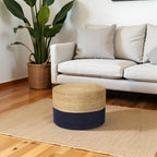 · REDEARTH · Cylindrical Pouf Foot Stool Ottoman - Jute Braided Pouffe Poof Accent Sitting Footrest for Living Room, Bedroom, Nursery, Patio, Lounge & Other Rooms (Navy Natural, 18"X18"X14")