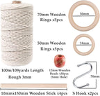 119pcs Macrame Kits for Starter 3mm x 109Yards Natural Cotton Macrame Cord with 100pcs Wooden Beads,10pcs Wooden Rings,Wooden Sticks,Metal Rings,S Hooks Macrame Supplies for Plant Hangers