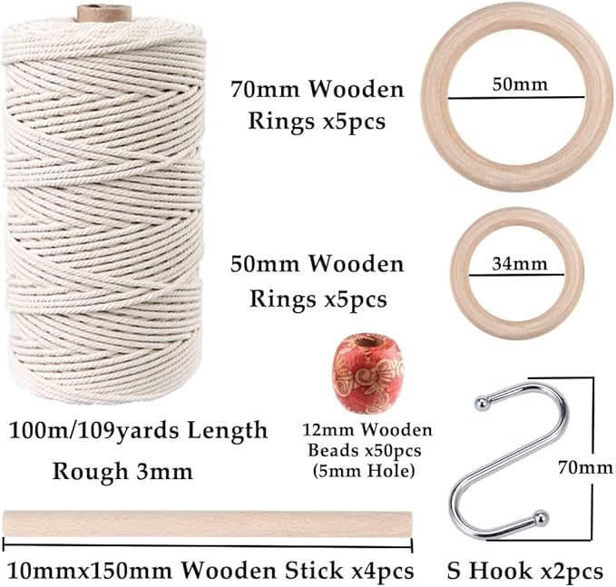 119pcs Macrame Kits for Starter 3mm x 109Yards Natural Cotton Macrame Cord with 100pcs Wooden Beads,10pcs Wooden Rings,Wooden Sticks,Metal Rings,S Hooks Macrame Supplies for Plant Hangers