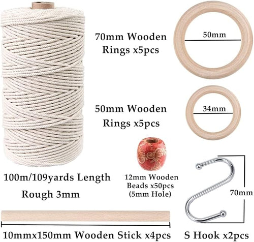 119pcs Macrame Kits for Starter 3mm x 109Yards Natural Cotton Macrame Cord with 100pcs Wooden Beads,10pcs Wooden Rings,Wooden Sticks,Metal Rings,S Hooks Macrame Supplies for Plant Hangers