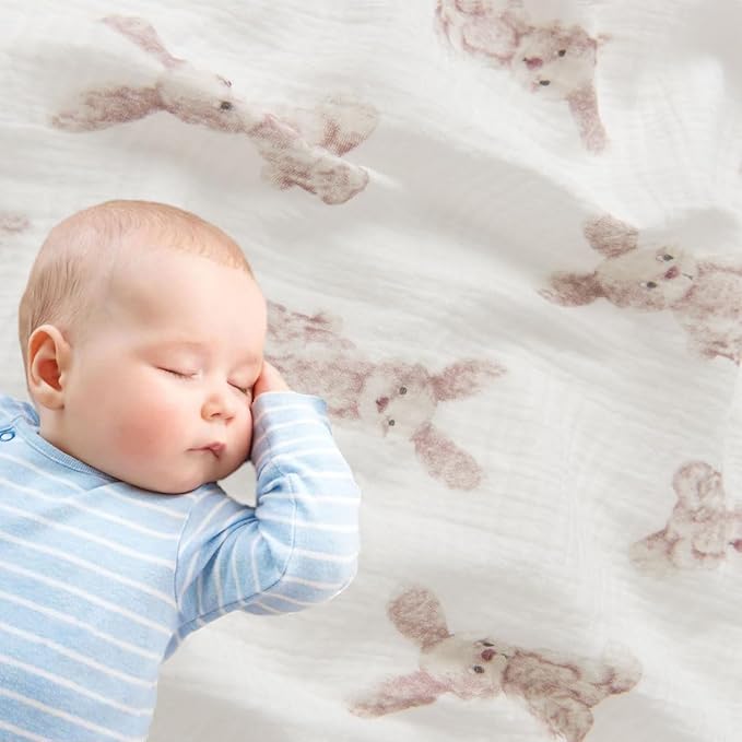 Little Jump 2-Pack Cotton Muslin Swaddle Blankets for Baby Boys Girls - Boho Baby Blanket for Boys & Girls- Large 47 x 47 inches Receiving Blanket Neutral (Bunny)