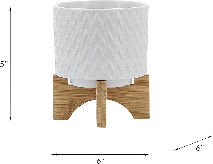 Ceramic Planter with Elevated Stand – Bamboo Indoor Plant Stand, Display for Greenery, Shelf or Patio Placement – Textured Round Design for Sculptural Height, Home Decor, Outdoor Decor – 8", White