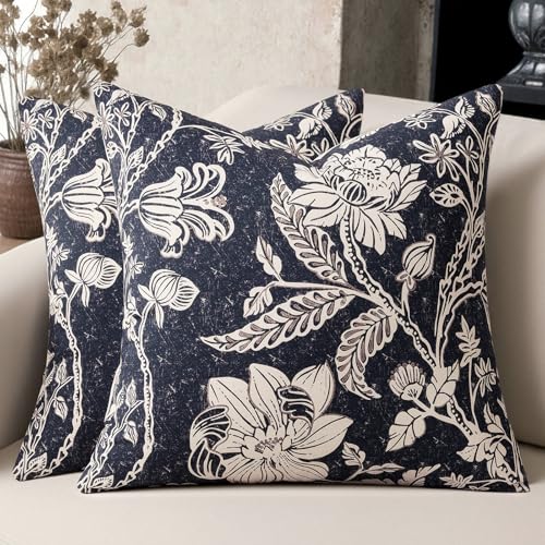 Floral Throw Pillow Covers 16x16：Navy Blue Vintage Floral Pillows Decorative Covers Boho Patterned 100% Cotton Accent Modern Farmhouse Neutral Covers — Sofa Bed Living Room Pillowcases Pack of 2 - color: Bf-navy Blue, size: 16" x 16" (Pack of 2)