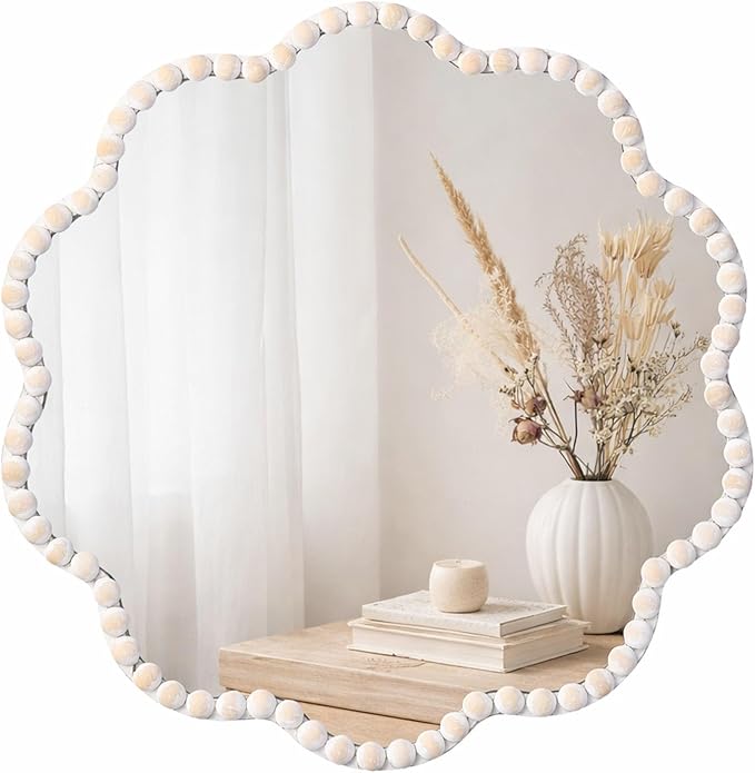 SWTHONY 15inch Small Boho Beaded Flower Mirror for Wall Decor, Cute Decorative Hanging Wooden Circle Nursery Mirrors for Girl Room, Bedroom, Livingroom