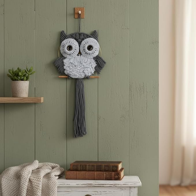 ACEDSGN Macrame Owl Wall Hanging Boho Dream Catcher, Handmade Tapestry Fiber Art Wall Decor for Nursery Bedroom Living Room, Sustainable Gift for Owl Lovers & Nature Fans - Gray