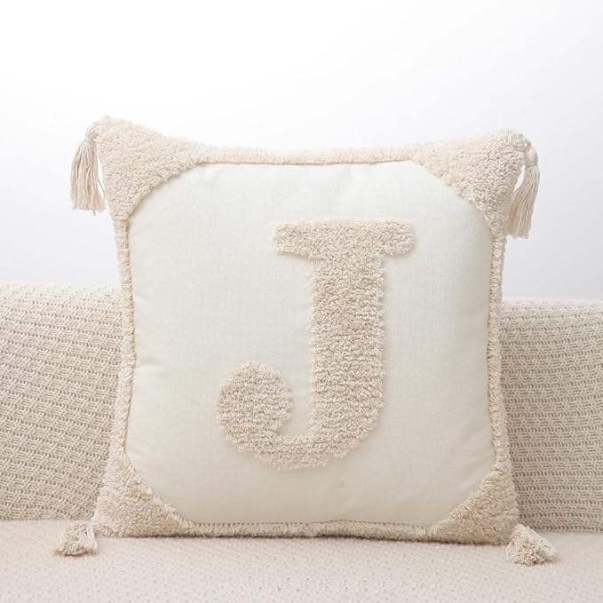Monogram Pillow Covers with Tassels 18”x18” Modern Cotton Canvas Tufted Alphabet J Throw Pillow Covers for Sofa Couch Bed 26 English Letters Decorative Pillow Case for Sofa Throw Pillows