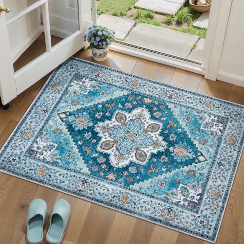 Tangsoo Blue 2x3 Washable Rug for Entryway, Vintage Non Slip Small Area Rug, Indoor Front Door Rug, Print Door Mat Small Carpet, Soft Low Pile Rugs for Entrance Kitchen Bedroom Home Decor - color: Sky Blue, size: 2' X 3' (Rectangular)